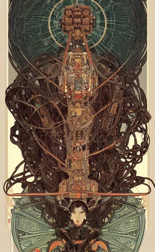 Image similar to upper half portrait of army mecha robot - wires and vines as poster design borders, art by alphonse mucha & utagawa kunisada, highly detailed, digital painting, concept art, illustration, smooth sharp focus, intricate, symmetry, artstation, colourful,