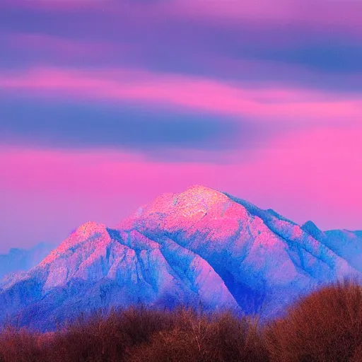 Prompt: blue watercolor mountains with a pink and blue rising sun cloudy sky, soft colors