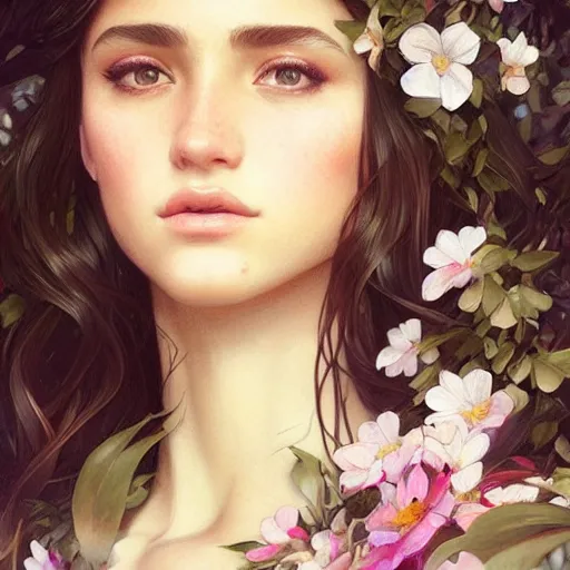 Image similar to Instagram Model with flowers in her hair, olive skin, long dark hair, beautiful bone structure, intricate, elegant, highly detailed, digital painting, artstation, concept art, smooth, sharp focus, illustration, art by artgerm and greg rutkowski and alphonse mucha