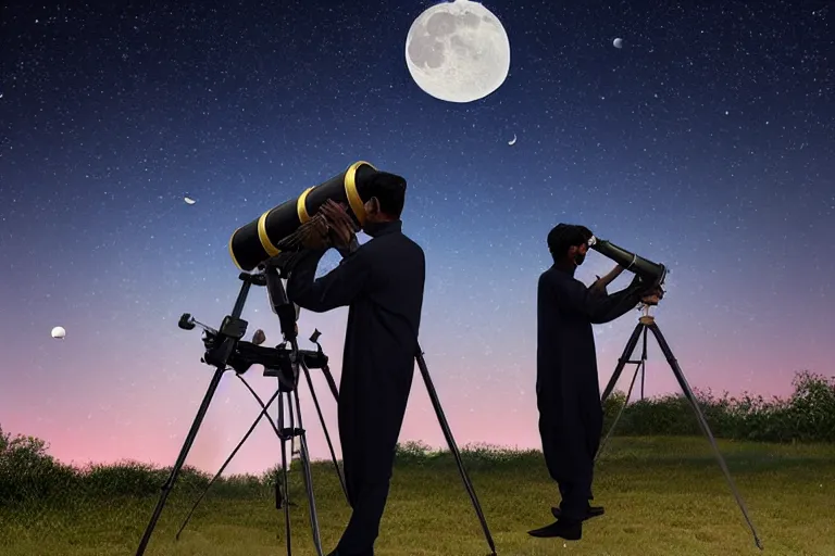 Prompt: Pakistani alpha as astronomy teacher, telescope, moon, clear skies, starry skies, realism realistic