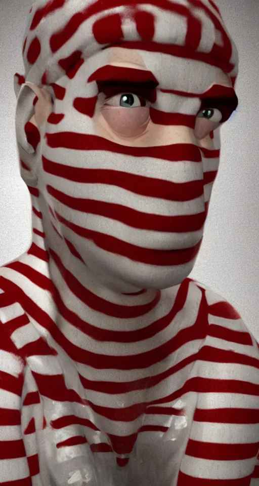 Image similar to a hyperrealistic portrait photo of waldo from where's waldo, portrait, photograph, volumetric lighting, heavy mood, grump expression, hyper realistic, 8 k render, unreal engine 5 render