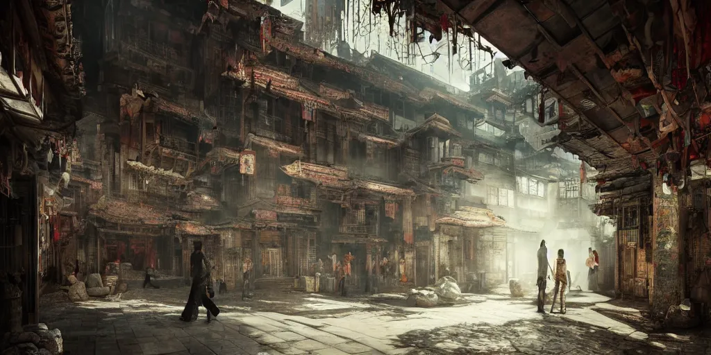 Image similar to inside of kowloon walled city by early evening, flat interior, concept art, light, shadows, reflections, epic composition, intricate, elegant, volumetric lighting, digital painting, highly detailed, artstation, sharp focus, illustration, octane render, concept art, ruan jia, steve mccurry