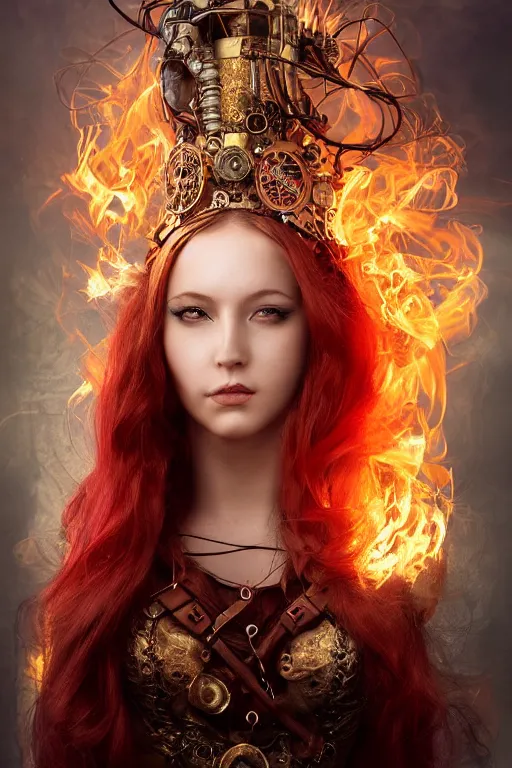 Prompt: a beautiful image of a young woman, steampunk Chandra queen of fire, big googles over her head, long flowing hair flowing with fire, steampunk costume mostly red and gold young female face, cinematic top lighting, insanely detailed and intricate, face by wlop, Charlie Bowater, golden ratio, symmetric, elegant, ornate, luxury, elite, matte painting, cinematic, trending on artstation, deviantart and cgsociety, 8k, high resolution