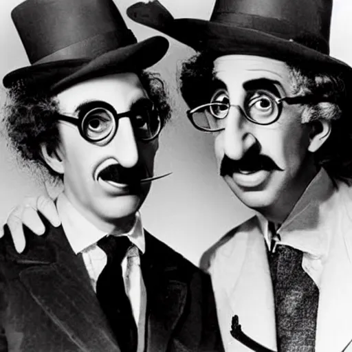 Image similar to harpo marx and groucho marx dines together. harpo marx does not wear a moustache