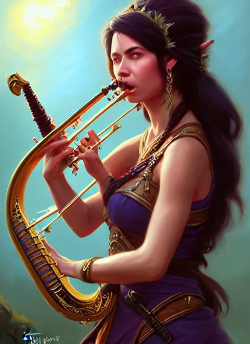 Image similar to a _ fantasy _ style _ portrait _ painting _ of islander female charismatic bard playing instrument, rpg dnd oil _ painting _ unreal _ 5 _ daz. _ rpg _ portrait _ extremely _ detailed _ artgerm _ greg _ rutkowski _ greg