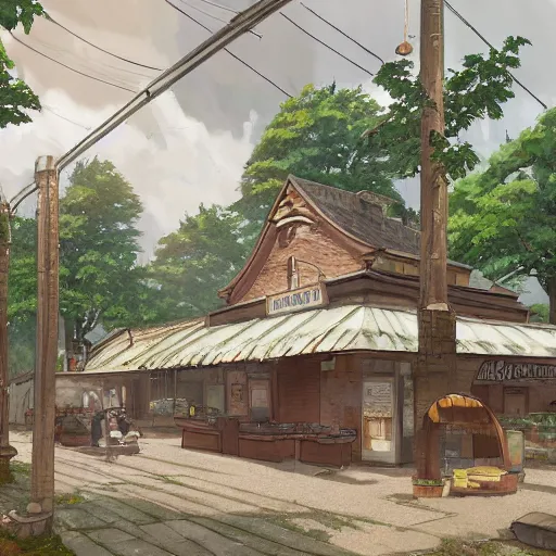 Prompt: concept art painting of a historic bakery with european and japanese architecture, in a woodland village surrounded by trees, realistic, detailed, cel shaded, in the style of makoto shinkai and greg rutkowski and james gurney