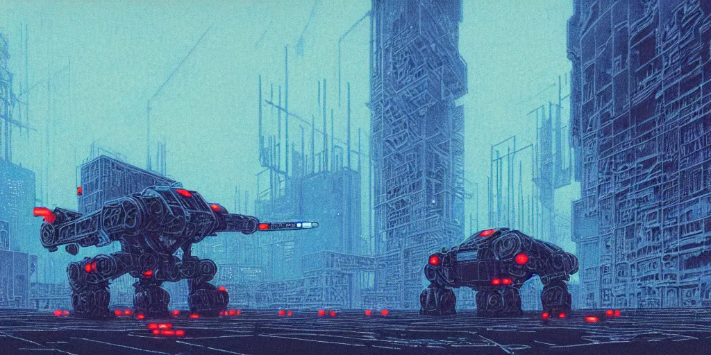 Image similar to grainy risograph matte painting of gigantic huge mech covered with wounds, black, pastel matte colors, staying in the foggy huge parking station, blue glowing fireflies, by moebius, hyperrealism, intricate detailed