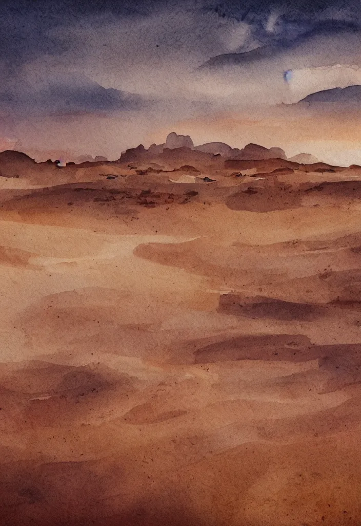 Prompt: desert watercolor, cinematic, highly detailed wide, atmospheric lighting, muted colors, dramatic scene