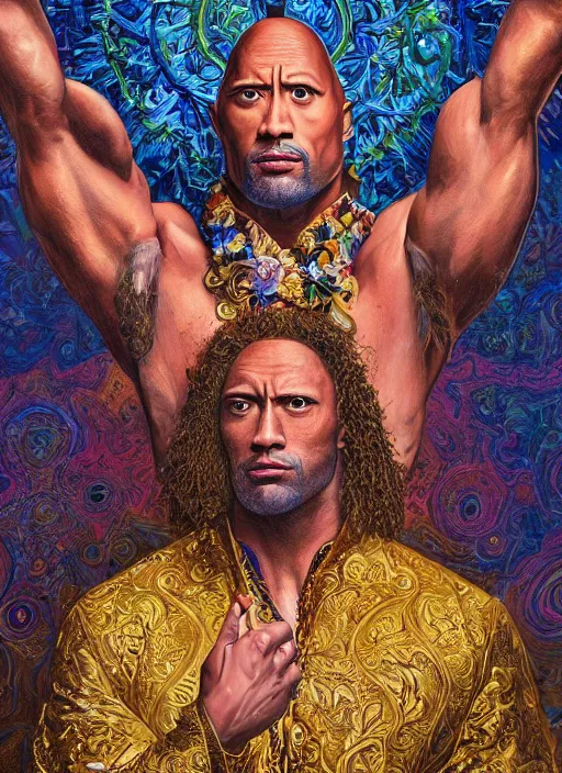 Prompt: beautiful oil painting, portrait of Dwayne the rock Johnson as Louis xiv in coronation robes 1701, Dan Mumford, dan Mumford, Dan Mumford, Alex grey, Alex grey, lsd visuals, dmt fractal patterns, entheogen, psychedelic, hallucinogen, coherent, highly detailed, ornate