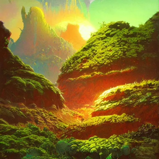 Image similar to illustration of a lush natural scene on an alien planet by paul lehr. extremely detailed. beautiful landscape. weird vegetation. cliffs and water.