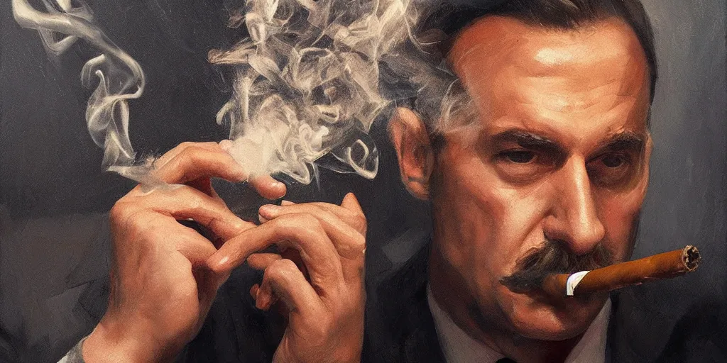 Image similar to abstract oil matte portrait painting, mafia boss smoking a cigar at his 5 0 s new york office desk, wonderful masterpiece highly detailed, beautiful cinematic light deep focus, elegant, digital painting, smooth, sharp focus, golden ratio, dramatic illumination, ultra realistic, 8 k, art by jimmy law