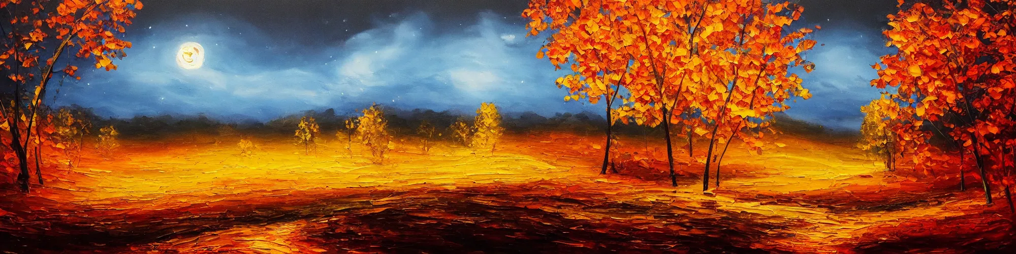 Image similar to painting of autumn landscape during night, non symmetrical, award winning painting, beautiful, breathtaking, stunning scenery, trending on artstation, masterpiece