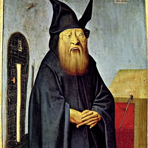 Prompt: portrait of an old wise wizard man in an ancient robe, art by hieronymus bosch