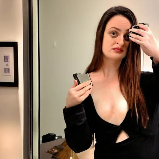 Prompt: Lauren Ash posing in front of a mirror, admiring her own reflection
