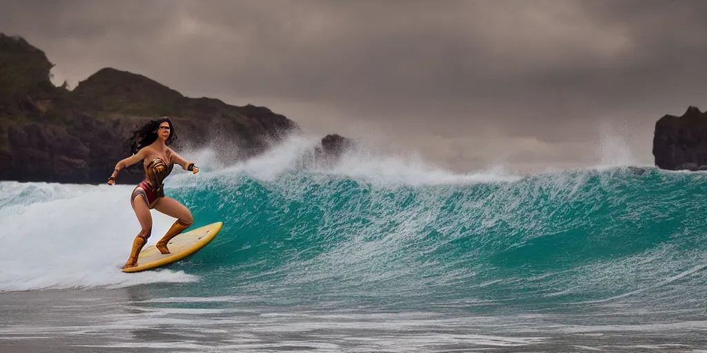 Image similar to gal gadot as wonder woman surfing on the north shore, 5 0 mm