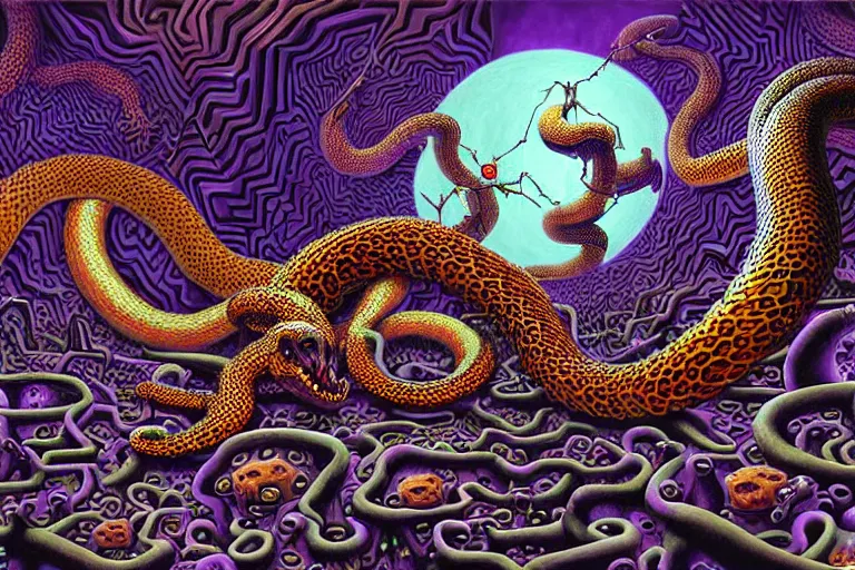 Image similar to a detailed digital art painting of a cyberpunk magick oni dragon with occult futuristic effigy of a beautiful field of mushrooms that is a adorable leopard atomic latent snakes in between ferret biomorphic molecular hallucinations in the style of escher, alex grey, stephen gammell inspired by realism, symbolism, magical realism and dark fantasy, crisp,