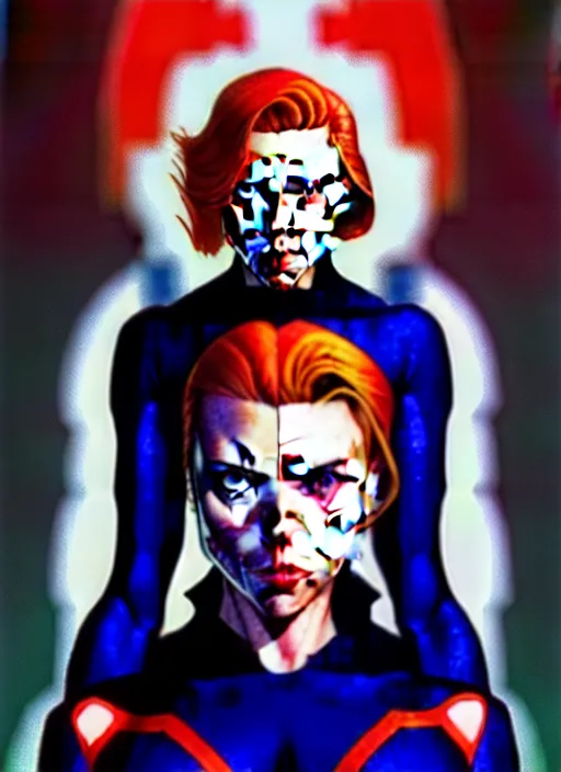 Image similar to rafeal albuquerque comic art, joshua middleton comic art, artgerm, cinematics lighting, night time, pretty scarlett johansson black widow, big smirk, symmetrical face, symmetrical eyes, long red hair, full symmetrical body, flying in the air, jumping off rooftop