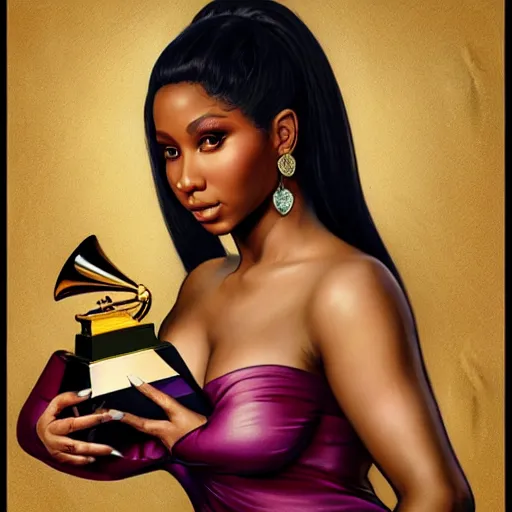 Prompt: Nicki Minaj holding a grammy, painted renaissance character portrait, highly detailed, painting, artstation, sharp focus, art by artgerm and greg rutkowski and alphonse mucha and magali villeneuve