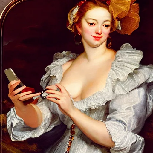 Image similar to heavenly summer sharp land sphere scallop well dressed lady taking a selfie with her iphone auslese, by peter paul rubens and eugene delacroix and karol bak, hyperrealism, digital illustration, fauvist, iphone