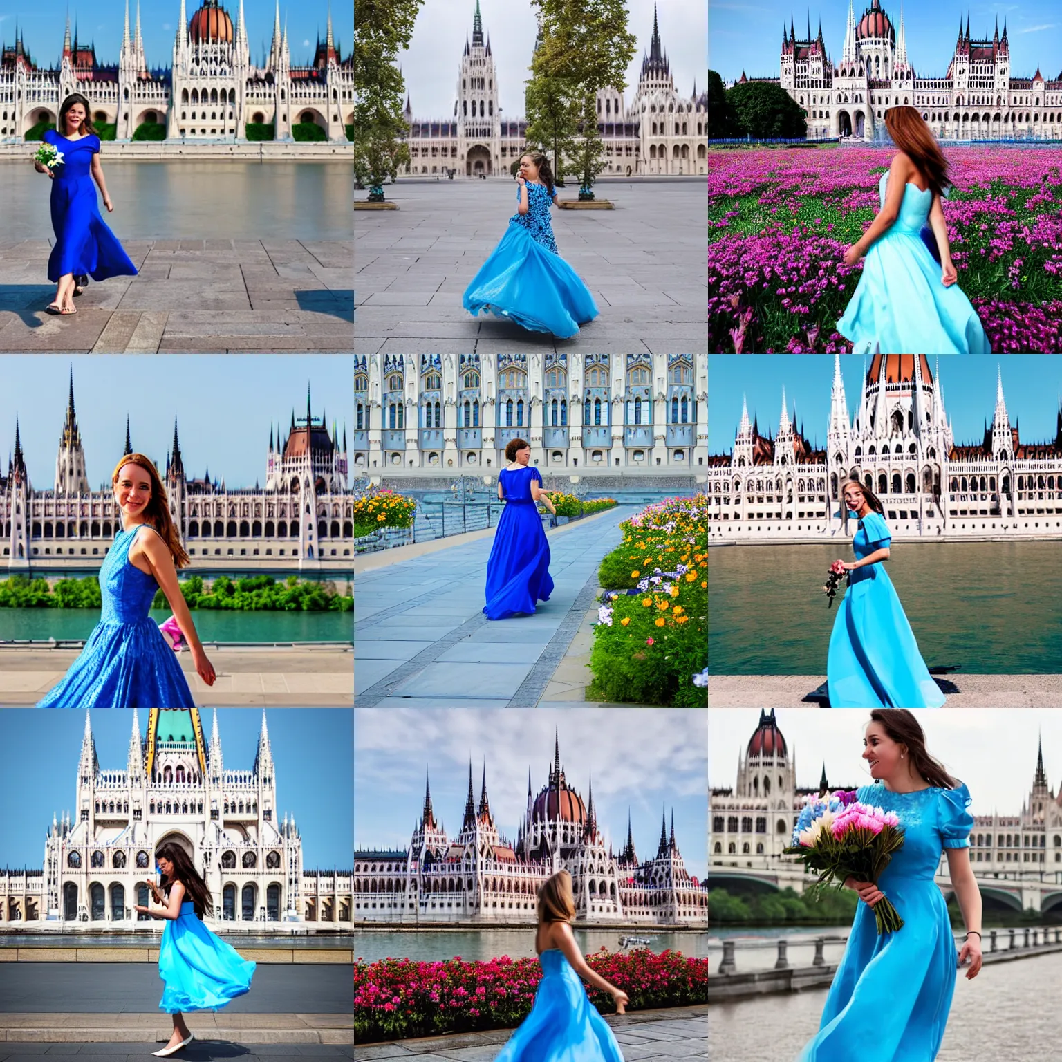 Prompt: a princess, dressed in blue dress, with a bouquet of lily, is walking, the background is the hungarian parliament, award winning photo