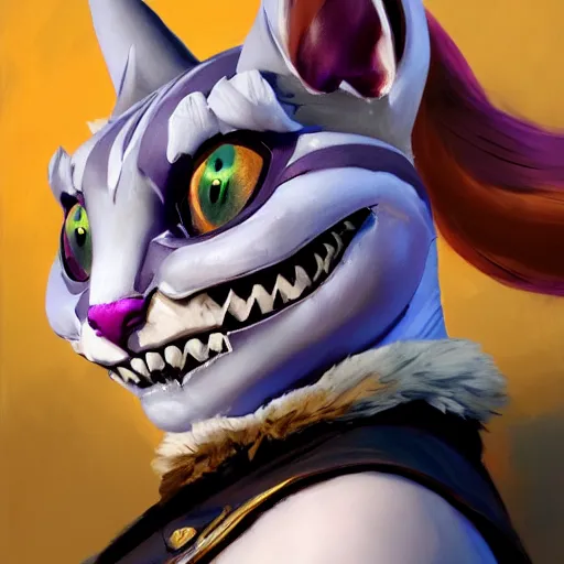 Image similar to greg manchess portrait painting of partially armored cheshire cat from alice in wonderland as overwatch character, medium shot, asymmetrical, profile picture, organic painting, sunny day, matte painting, bold shapes, hard edges, street art, trending on artstation, by huang guangjian, gil elvgren, ruan jia, randy vargas, greg rutkowski