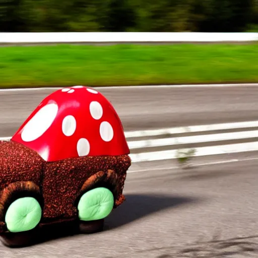 Prompt: a mushroom car racing down the street