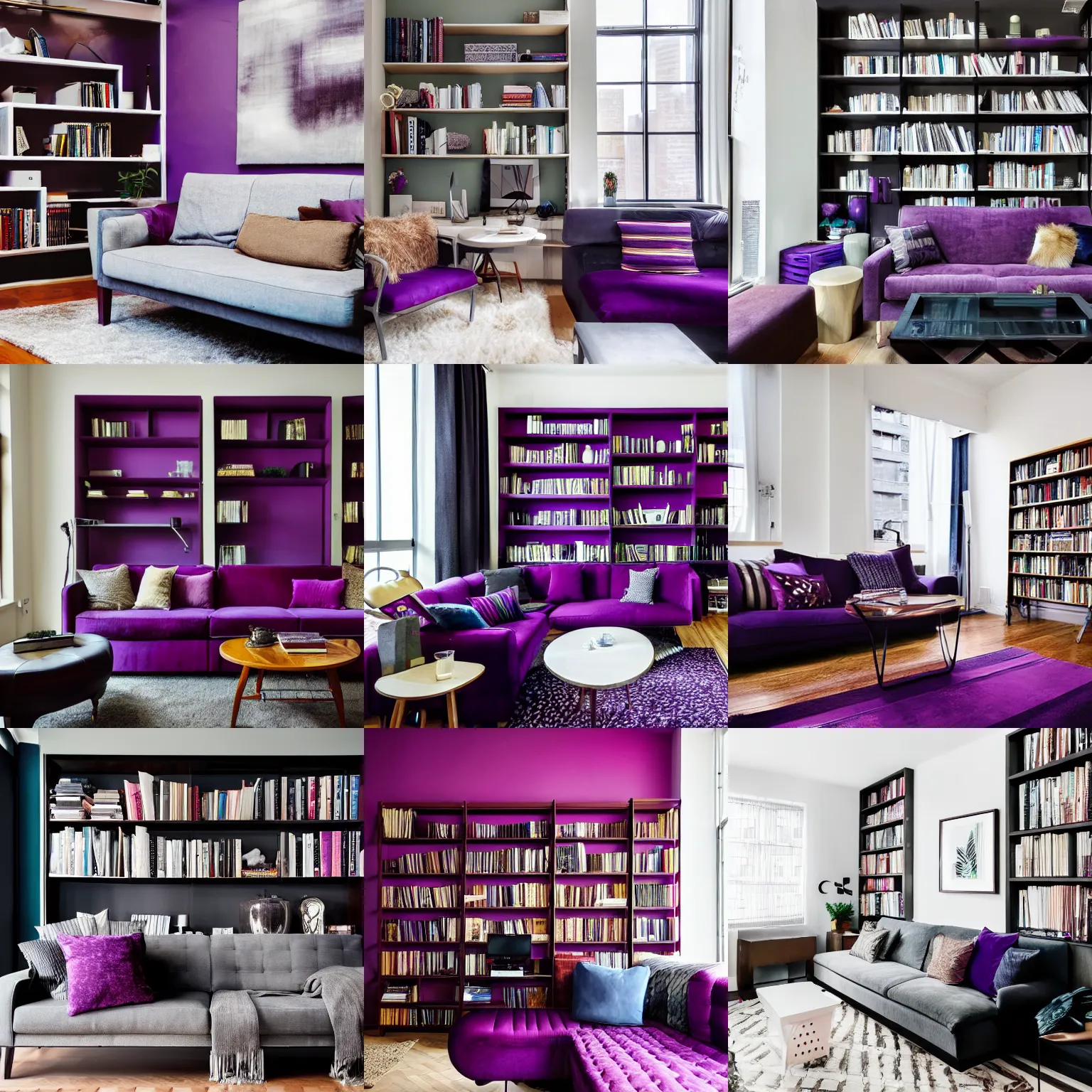 Prompt: award winning interior design city apartment, cozy, fabrics and textiles, deep purple accent color, book shelf, couch, desk photograph magazine, wide angle