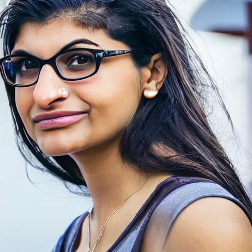 Image similar to a photo of mia khalifa being surprised, 50mm close up photography