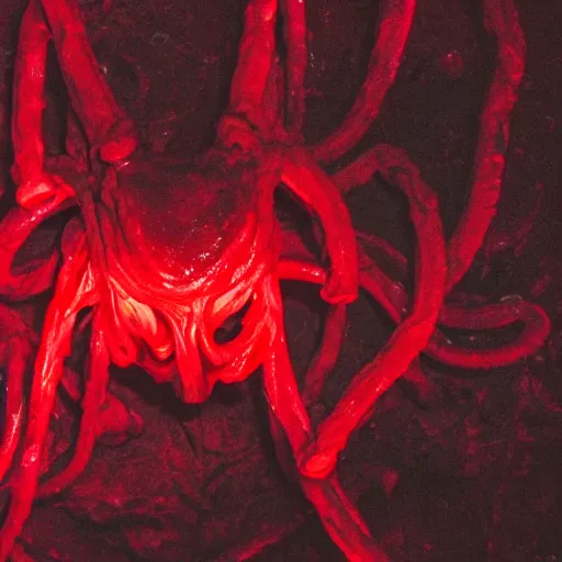 Prompt: a high-quality photo of a massive blood-oozing red meat blob composed of muscle, bones, and writhing tendrils made of bloody veins lurking in the darkness, partially illuminated only by the camera flash, numerous dimly glowing eyes