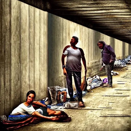 Prompt: poor people life under railway bridge, digital art, digital painting, award winning, hyper realistic, realistic human, hyper details, style by steve mccury and annie leibovitz and chindy sherman