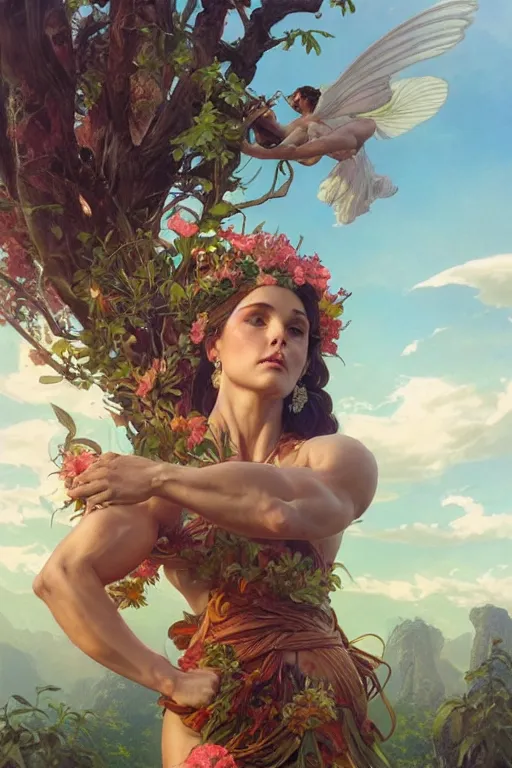 Image similar to goddess of nature, accurate anatomy, only two hands, highly detailed, digital painting, artstation, concept art, smooth, sharp focus, illustration, Unreal Engine 5, 8K, art by artgerm and greg rutkowski and alphonse mucha and IFBB pro fitness photograph