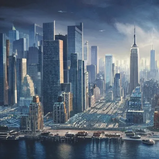 Image similar to New York City in the year 2100, futuristic, photorealistic,