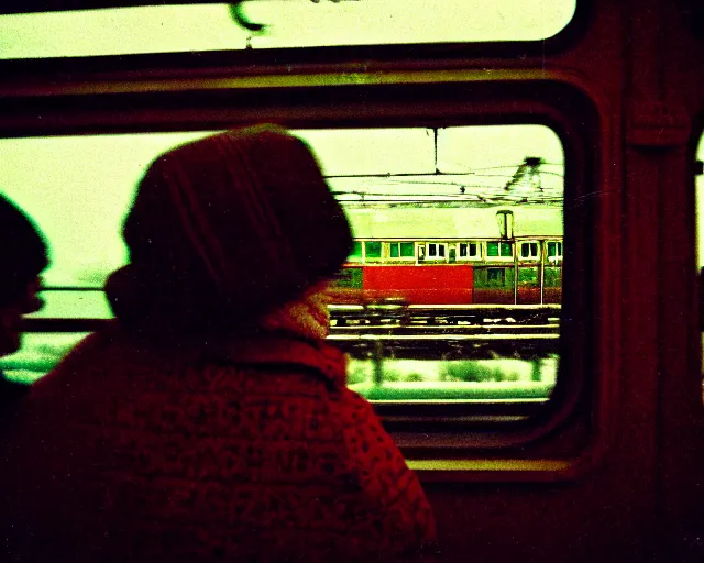 Image similar to a lomography photo of rumble between two grandmoms in soviet train this morning, bokeh,