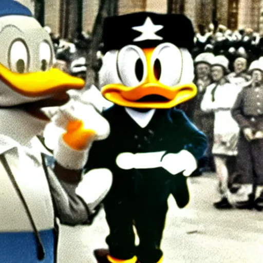 Image similar to historic colorized photograph of donald duck at a nazi parade in 1 9 3 6