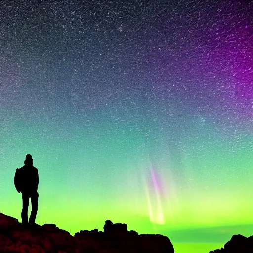 Image similar to 4K Epic Ultra HD detailed award-winning wallpaper silhouette of lonely man standing on rock holding a flashlight looking at huge vast sky universe Milky Way aurora