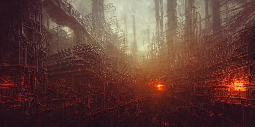 Prompt: futuristic dystopian endless, intricate, complex, labyrinthine, byzantine, tangled, industrial megafactory complex, smokestacks, pipelines and ducts and vents, landscape painting, steampunk, smoke, night, gloomy, dark, dramatic, cinematic, volumetric lighting, gods eye view