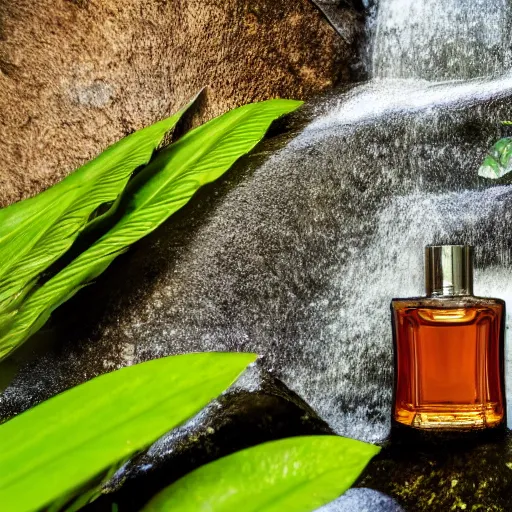 Image similar to perfume bottle sitting on a small clear tropical waterfall, close up shot, upfront, surrounded by tropical leaves, blurred tropical background, softly - lit, soft - warm, zen, light, modern minimalist f 2 0 clean