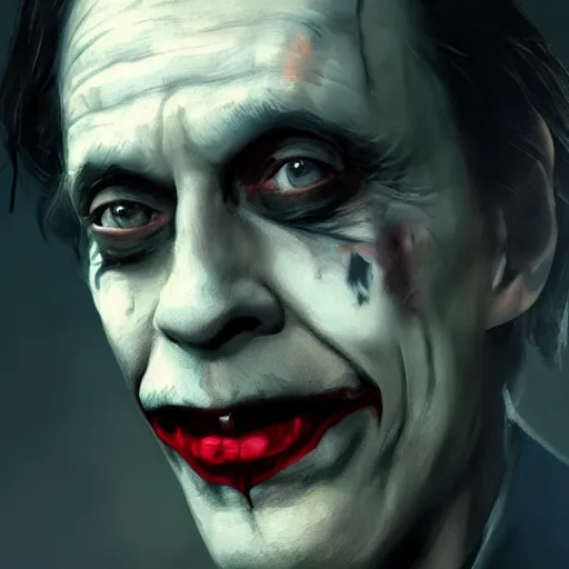 Image similar to portrait of Steve Buscemi as The Joker, art by greg rutkowski, matte painting, trending on artstation