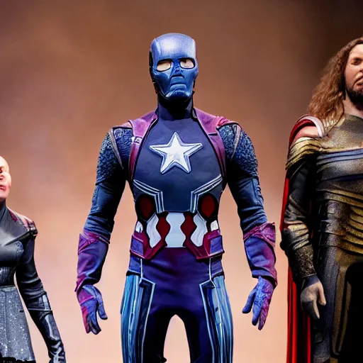 Prompt: costumes by Julie Taymor for Avengers: Infinity War the musical on broadway, production photos