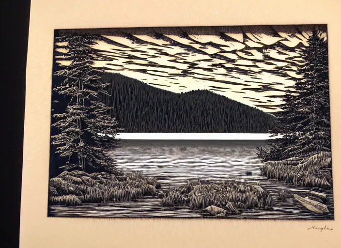 Prompt: an award winning Wood engraving on paper of The Canadian lakes