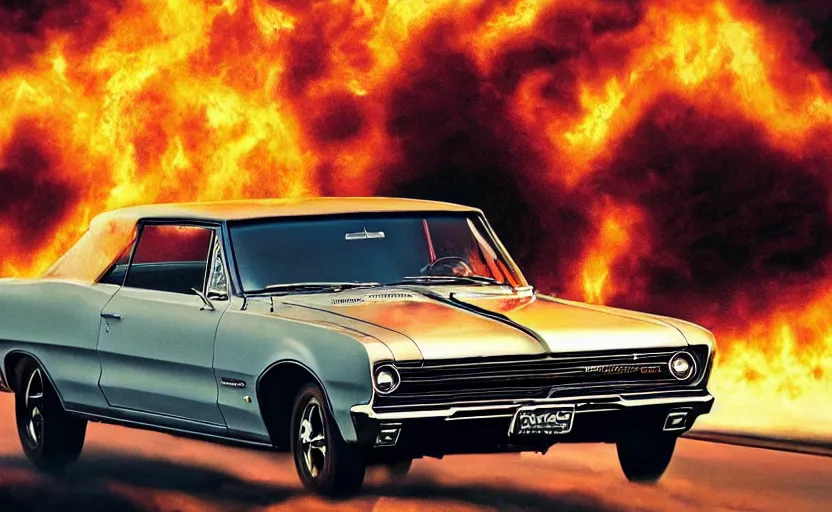 Image similar to a black 1 9 6 4 pontiac gto driving high speed, fire explosion in the background, action scen. realistic. high resolution. dramatic