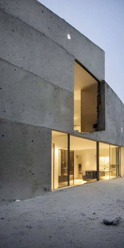 Prompt: a night photo of a minimalist contemporary house with large, bright windows. A family can be seen in the house windows. The concrete has been eroded by millions of years of wind and water. The erosion has created thousands of small cracks and holes filled with moss. The concrete has large holes and deep crevices that glow warmly in the night air. There is a party and the house is crowded with many people. Moss is growing in the hundreds of eroded crevices.