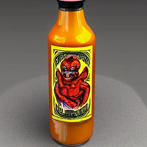 Prompt: hyperdetailed photorealism hot sauce bottle with a demon on the logo