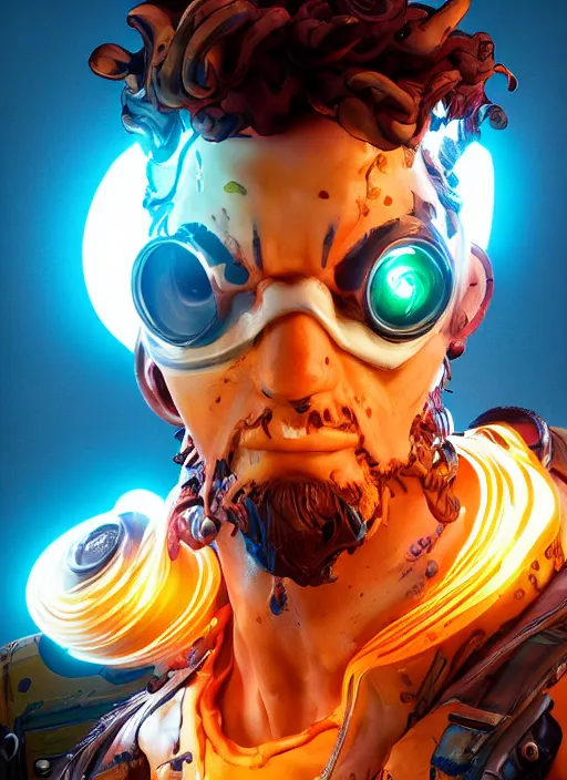 Image similar to glowwave portrait of curly orange hair man from borderlands 3, au naturel, hyper detailed, digital art, trending in artstation, cinematic lighting, studio quality, smooth render, unreal engine 5 rendered, octane rendered, art style by klimt and nixeu and ian sprigger and wlop and krenz cushart.