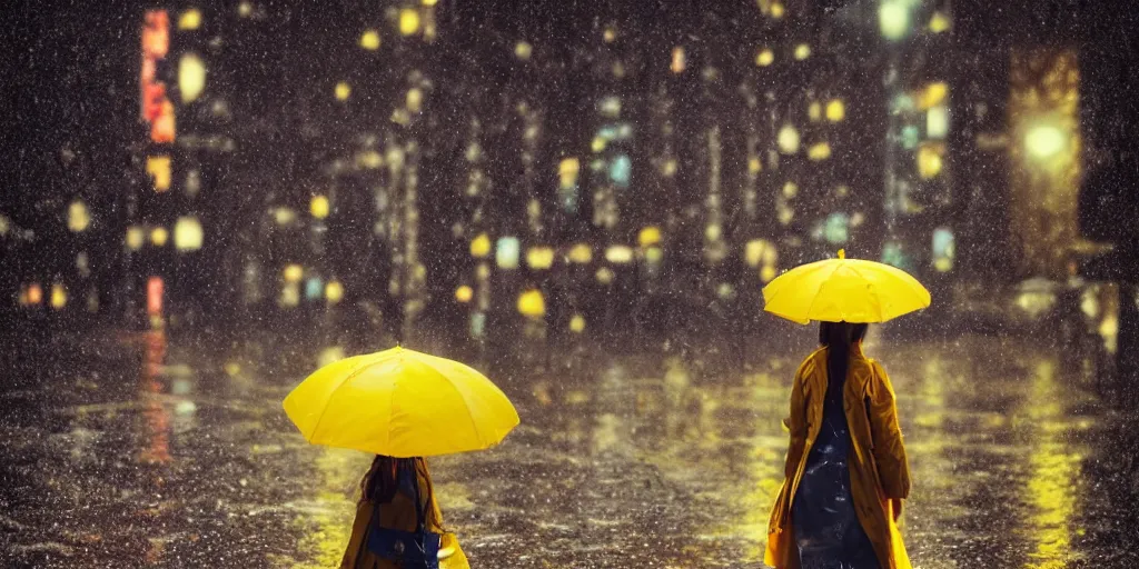 Prompt: a girl in a yellow raincoat, standing in the rain, holding a flower, night, tokyo street, raining , wet, artstation, cgsociety, depth of field, bokeh, neon lights