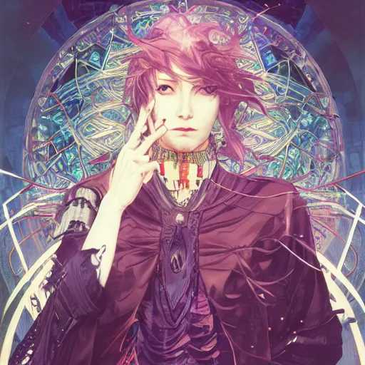 Prompt: detailed portrait of cyberpunk wizard, wizard magic staff, casting a spell, elite, elegant, concept art, intricate complexity, by shigenori soejima, krenz cushart, alphonse mucha, takato yamamoto, conrad roset, 4 k, beautiful, cinematic dramatic atmosphere