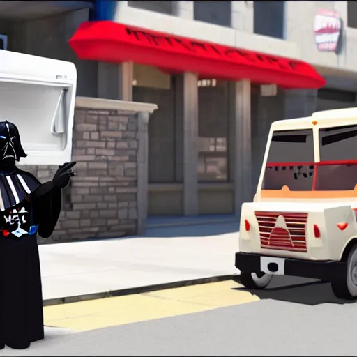 Prompt: darth vader ordering ice cream from an ice - cream truck, high definition, unreal engine rendering