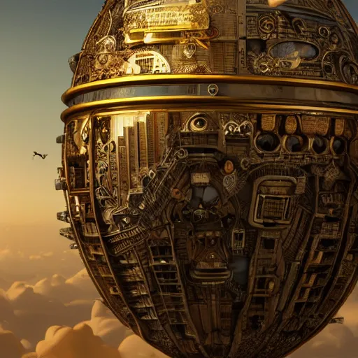 Image similar to enormous flying city in a faberge egg, sky, steampunk, fantasy art, masterpiece, unreal engine, intricate, intricate, intricate, detailed