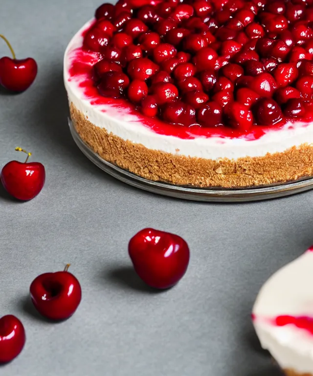 Prompt: high quality presentation photo of stawberry and cherry cheesecake, photography 4k f1.8 anamorphic bokeh 4k Canon Nikon