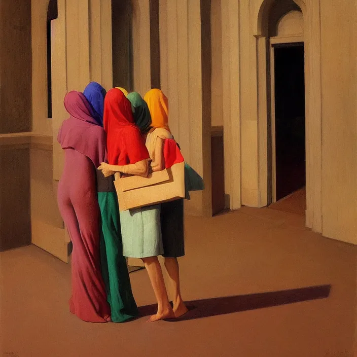 Image similar to colorful women hugging with a paper bag over the head, dressed in plastic bags, inside cathedral, highly detailed, artstation, art by , edward hopper, zdislav beksinski, wayne barlowe